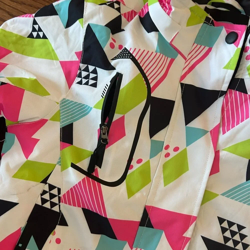 Girl's Waterproof Ski Jacket Size Small Colorful Geometric Size 8 High Neck Snow